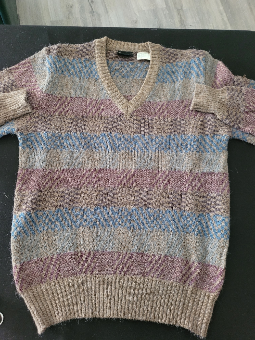 Gitano V-Neck Sweater in Taupe with Blue & Mauve Stripes